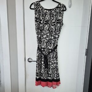 Haani Black & White Floral Midi Dress with Coral Hem